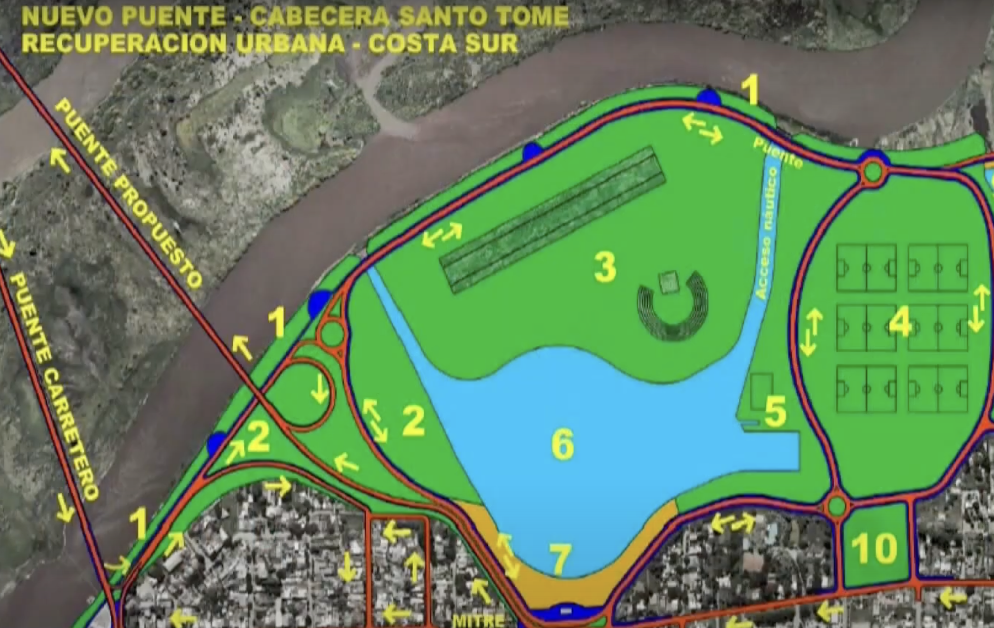 En el proyecto de Busatto, la traza del nuevo puente pasa al costado de la laguna Bedetti.